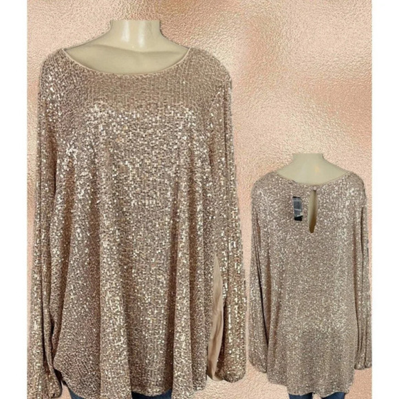 Torrid +5 Champagne Sequin Lined Button Keyhole Back of Neck Long Sleeve Blouse - Picture 1 of 6
